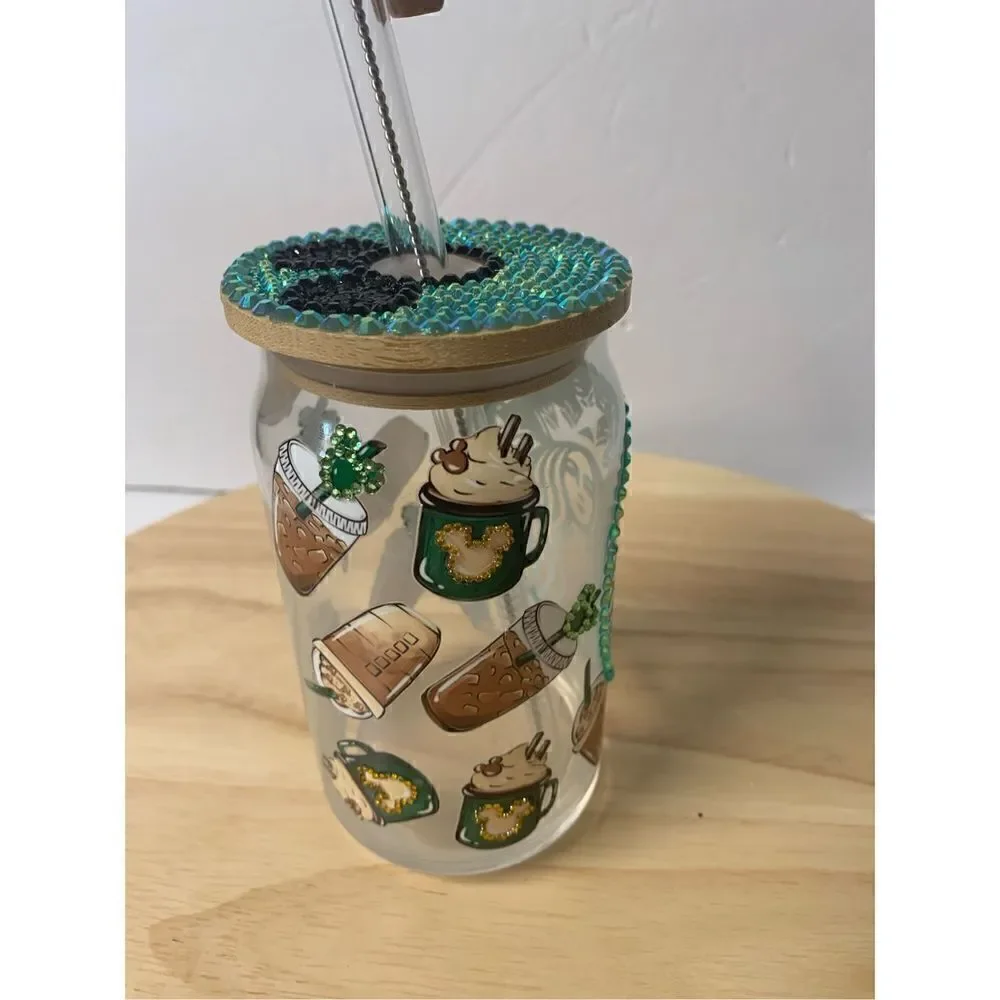 Starbucks Disney coffee handmade glass cup with straw topper